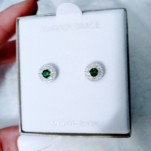 Sterling silver lab created Emerald CZ earrings - Picture 11 of 12